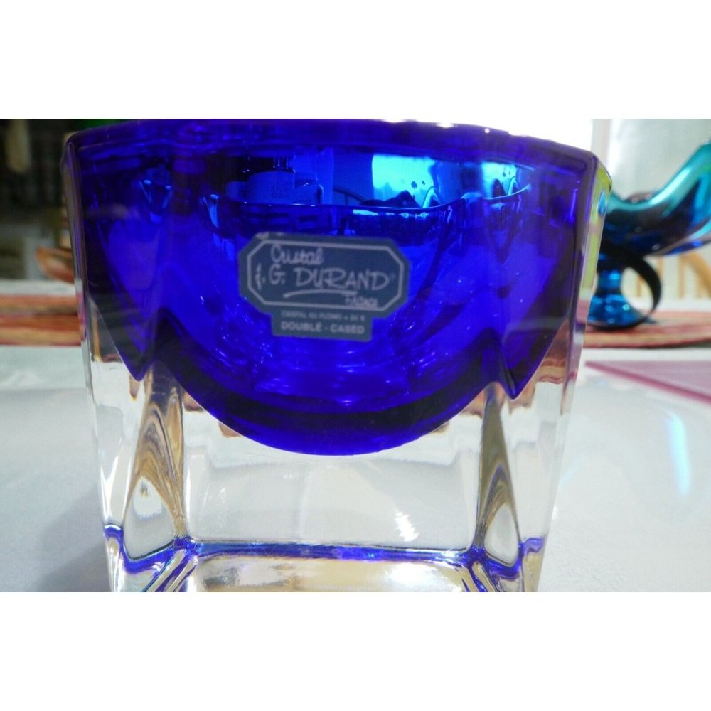 Signed JG Durand Cobalt Blue & Clear Master Salt Etched Signature & Label
